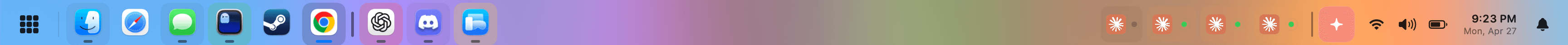 The ApexDock bar along the edge of a Mac desktop: pinned and running apps, live agent session tiles, and the system tray